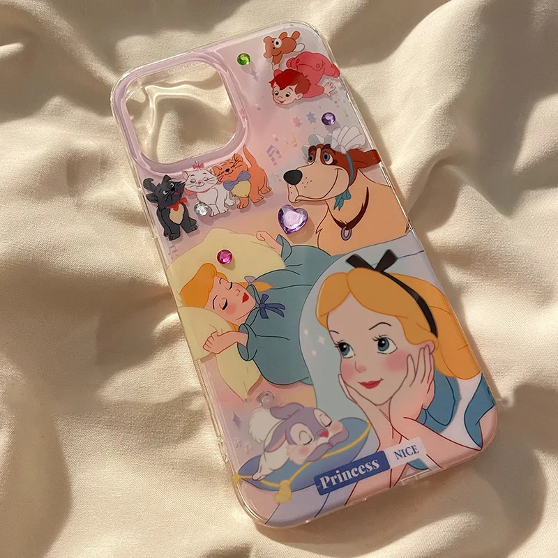 Fashion Disneys Painter Alice Phone Case For iPhone 15 14 13 12 11 Pro Max Cute Cartoon Yellow Back Cover