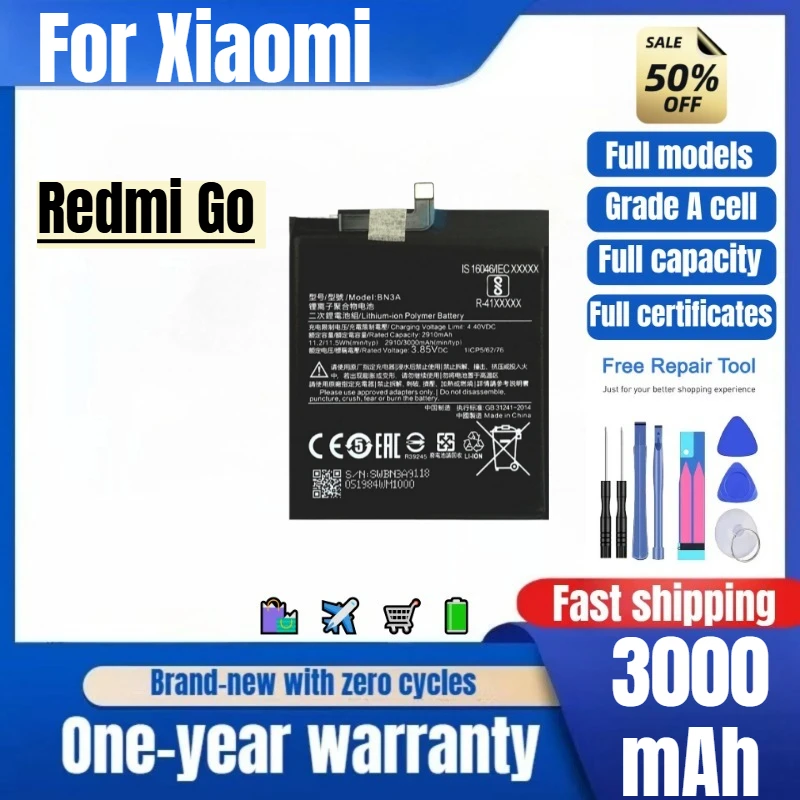 BN3A for MIUI Xiaomi Redmi Go Mobile Phone Battery 0Cycle High Quality High Capacity Replacement Bateria Grade A Cell with Tools