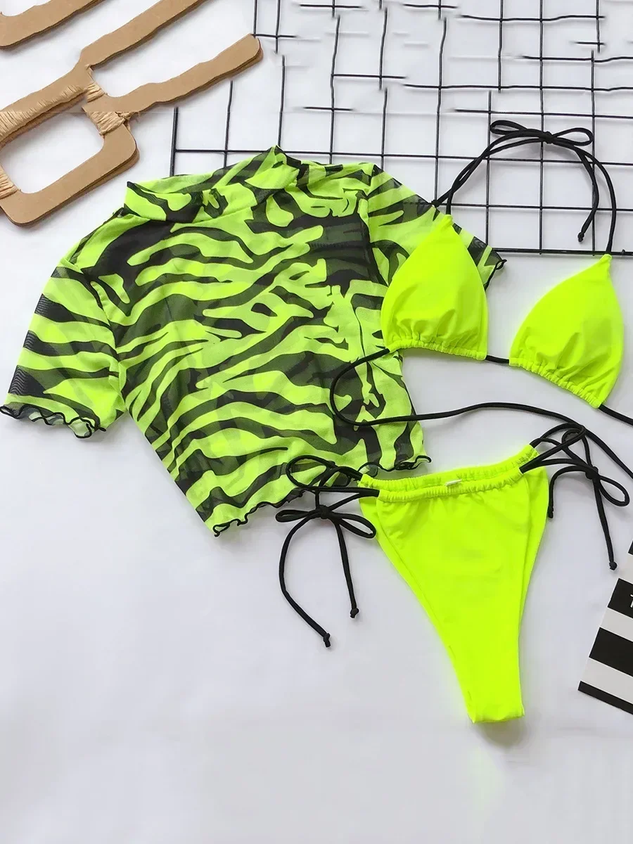 

Zebra Print Mesh Short Sleeve Halter Mini Micro Bikini Female Swimsuit Women Swimwear Three-pieces Bikini set Bathing Suit Swim