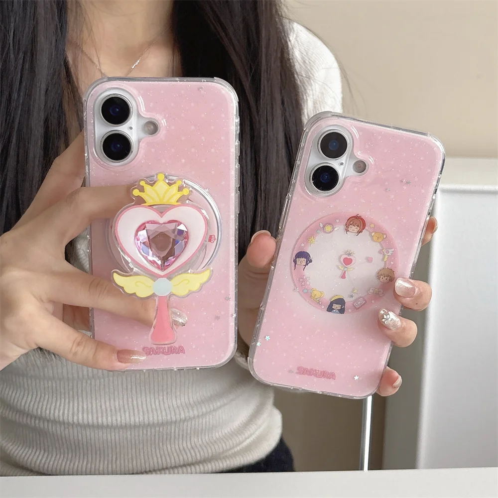 

Kawaii Cartoon Glitter Magnetic Phone case for iPhone 17 Pro 16 Pro Max 17 16 15 Fundas With Magsafe Gemstone Magic Wand holder