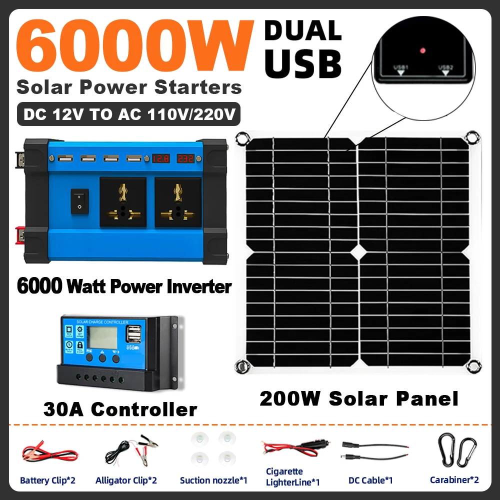 Small Home 6000w Solar System 6000W Inverter 30A Controller Solar Panel phone Car Charging Camping Home Solar Power System Kit