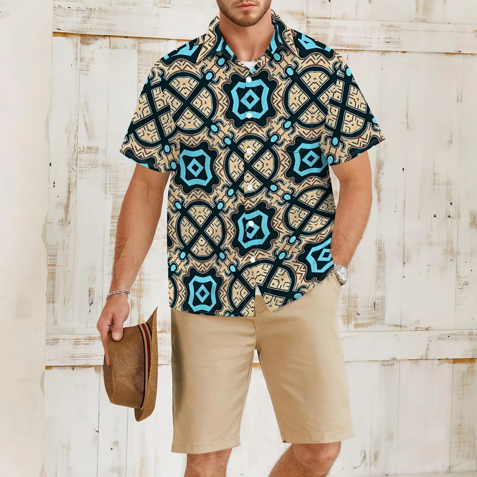 

YEAE Ethnic Geometric Print Shirt for Men Summer Casual Short Sleeve Top