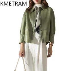 100% Sheepskin Real Leather Jacket Women Autumn and Winter Clothes Fashion Green Jackets Loose Fit Outerwears 2024 дубленка