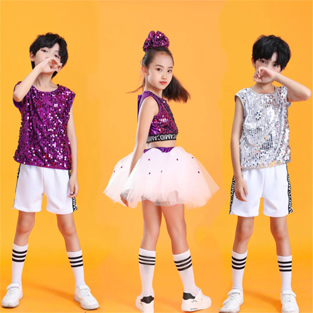 

New silver sequined children's ballet dress Purple hip-hop shiny boy dance costume girl's diamond-encrusted ballet dress