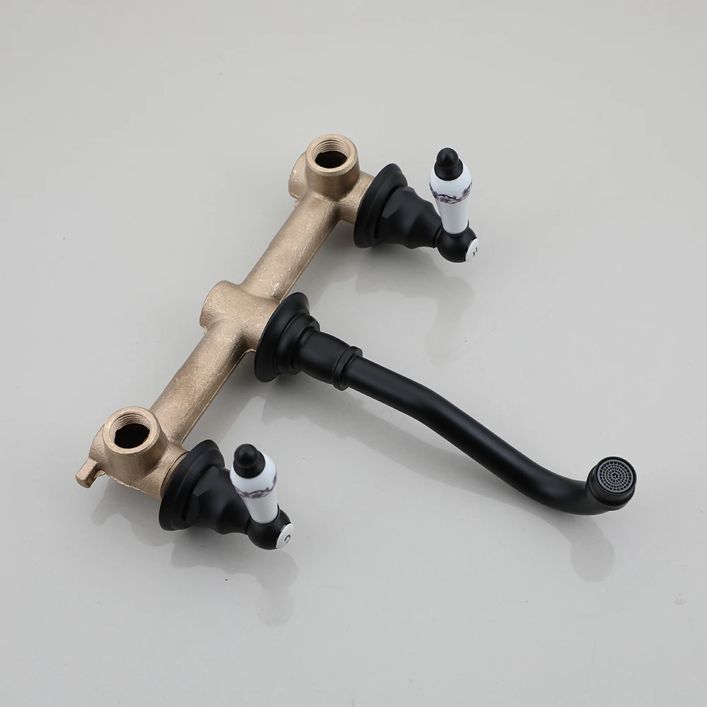 KEMAIDI Antique Brass Bathroom Widespread Sink Faucet Wall Mount 3 Holes 2 lever Knobs Brass Lavatory Basin Mixer Tap Mixing