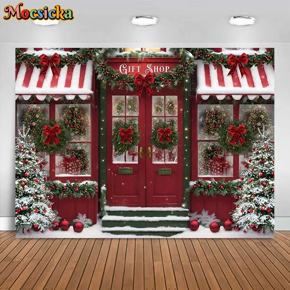 

Mocsicka Christmas Gift Shop Backdrop Photography Red Vintage Door Window Snowflake Winter Child Portrait Photo Background Props