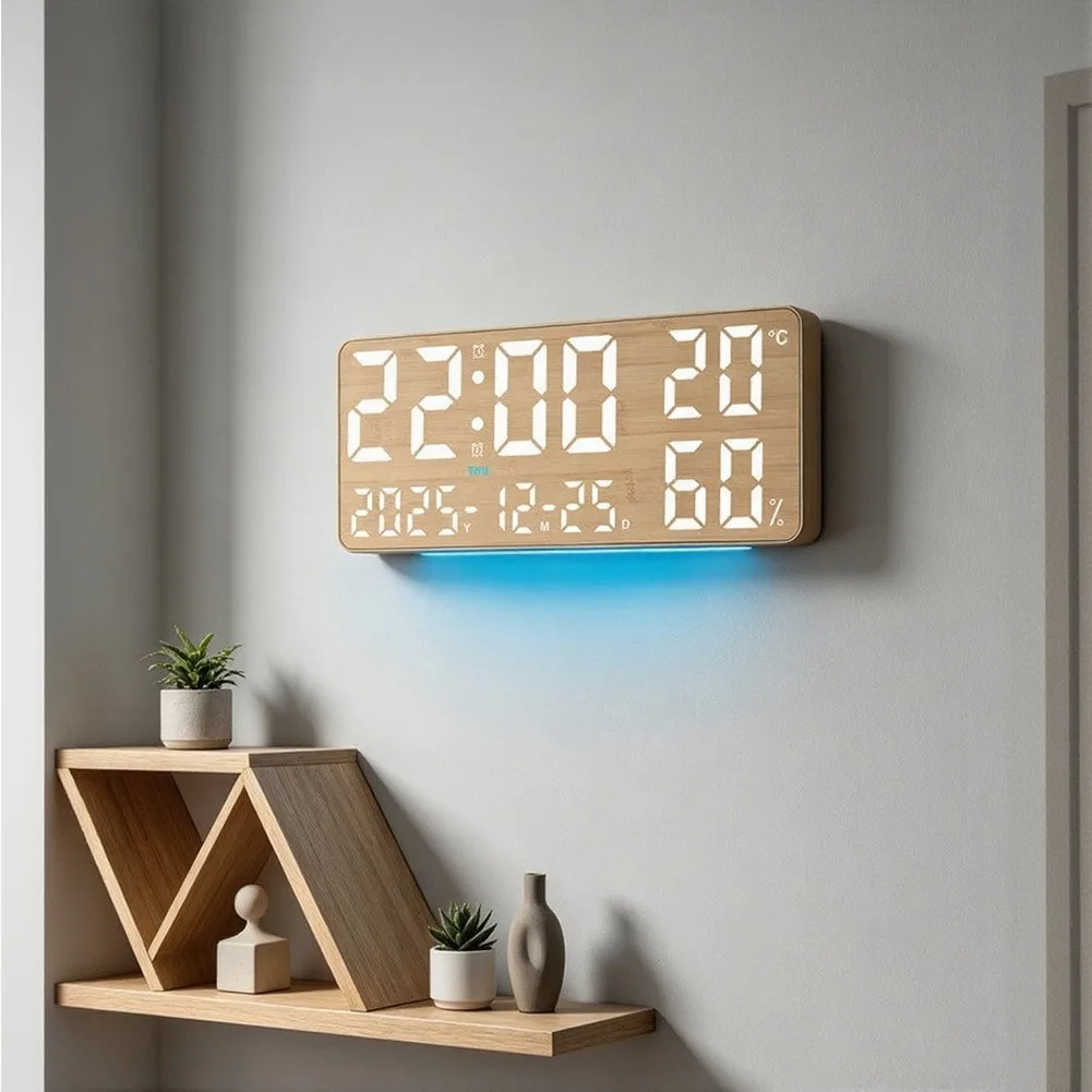Large LED Color Changing Wall Clock Full Screen Display Temperature Humidity Date Alarm Digital Desk Clock For Living Room Decor