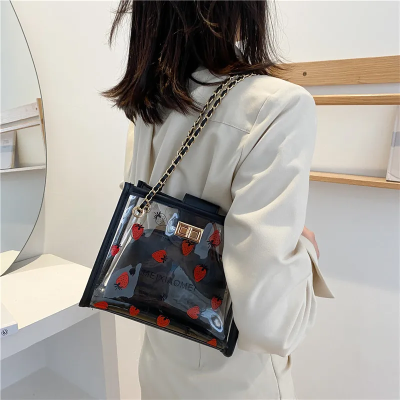 Fashion Transparent Handbag for Women PVC Clear Bag Travel Ladies Shoulder Bag with Purse Large Capacity Strawberry Eco Tote Bag