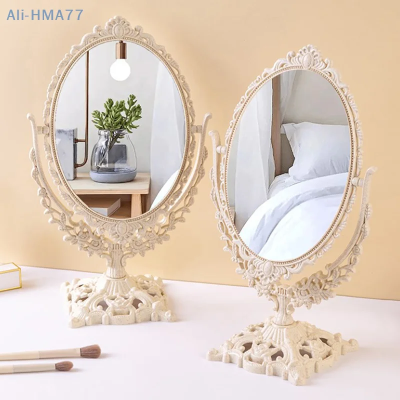 Nordic Carved Retro Style Flip Mirror Plastic Vintage Decorative Mirror Small Oval Make-up Tools Bedroom Table Room Desk