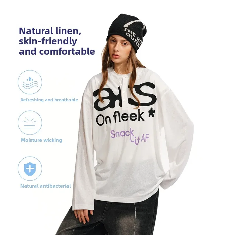 

Linen Sensation Long Sve Henry Collar T-irt Men's High-End Printed Cool Sensation Sun Protection Loose Trendy Tee