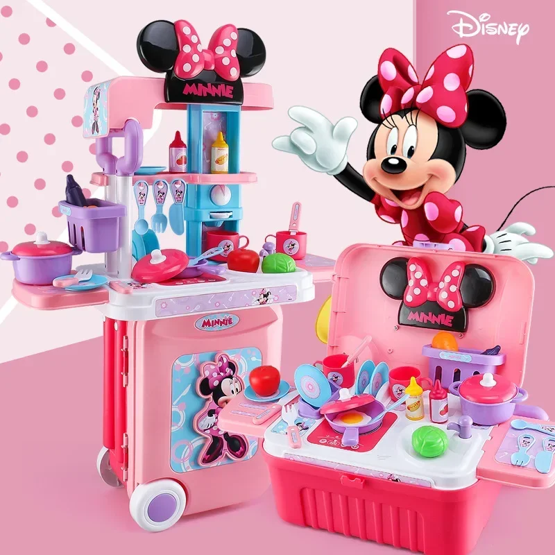 Disney 3 in1 Minnie mouse trolley case kitchen set for kids with light kitchen tableware play house set toys kids birthday gift