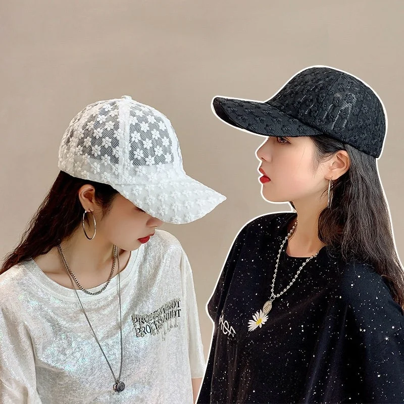夏の女性の韓国風野球帽サンシェードレース通気性帽子フレッシュスタイルダックビルキャップ花柄刺繍日焼け止め