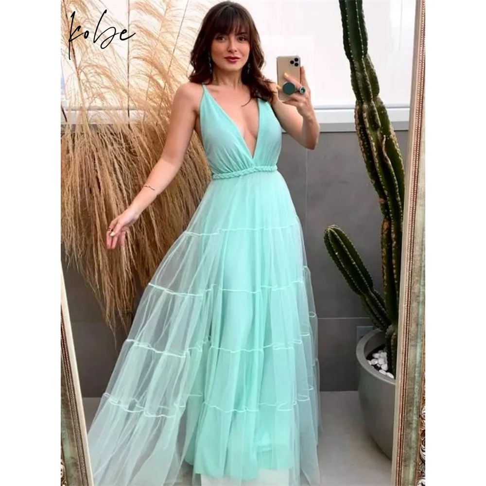 

Kobe Deep V-Neck Backless Prom Dresses Cascading Ruffle Chic Evening Dresses Sleeveless Floor-Length Customized Party Dresses