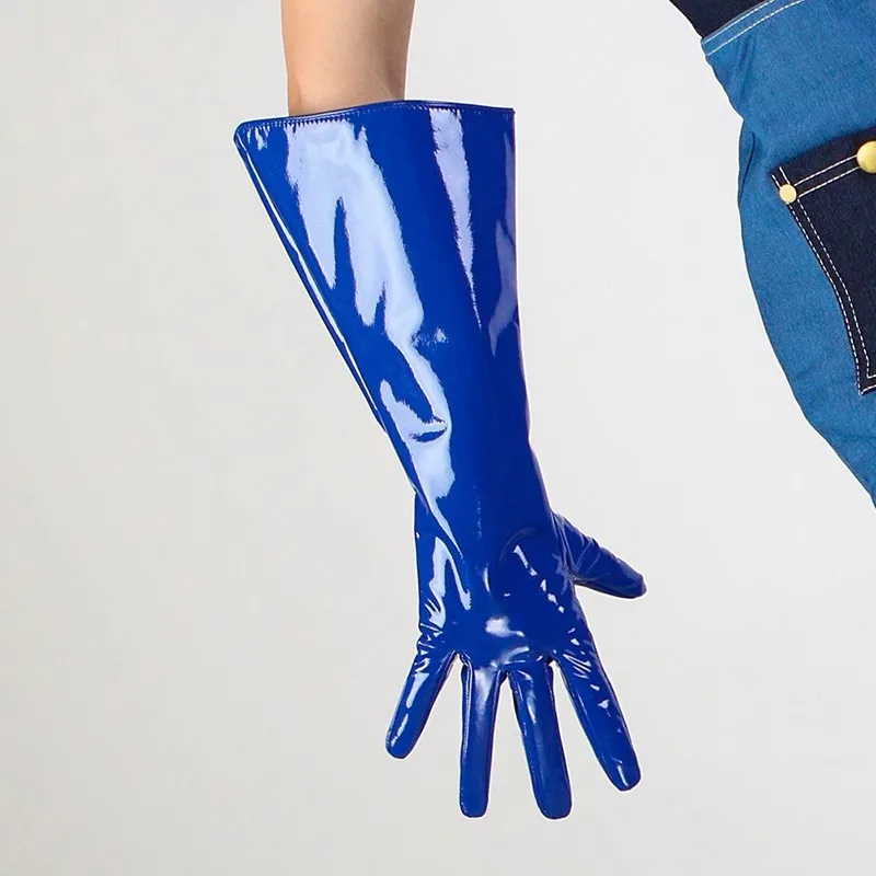 Women's Fashion Shiny Blue PU Leather Wide Sleeve Long Glove Lady's Club Performance Formal Party Dancing Glove 38cm R1317