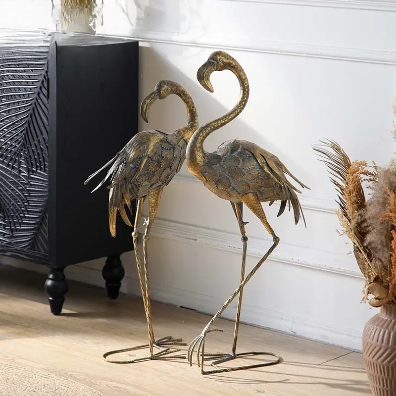 Wrought Iron Flamingo Statue Outdoor Garden Decor Metal Bird Sculpture Lawn Yard Art Piece Home Living Room Floor Ornament
