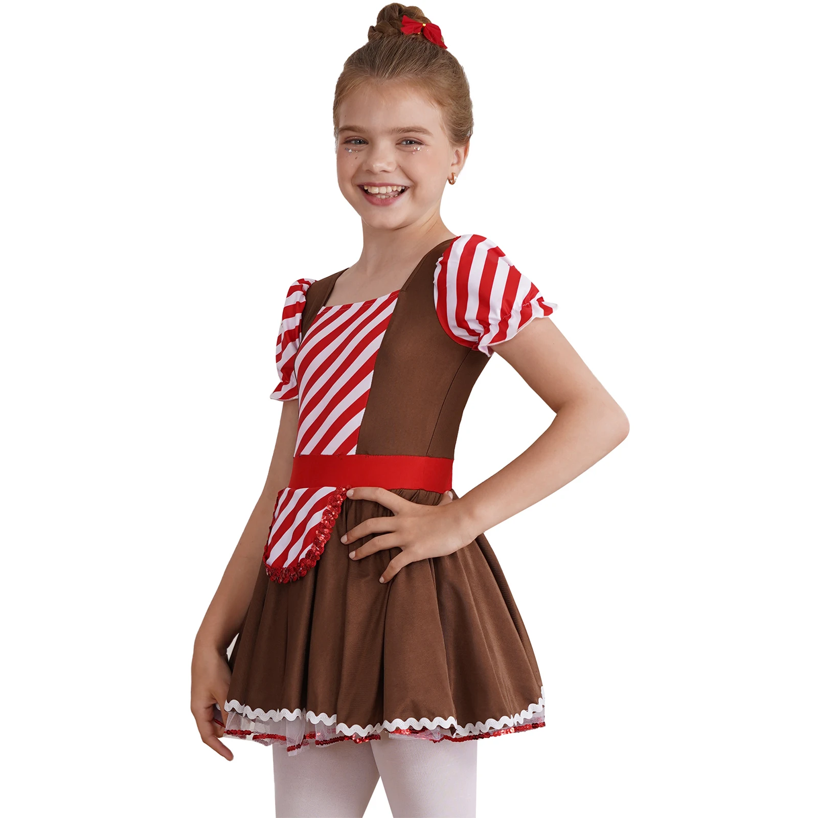 Kids Girls Christmas Gingerbread Man Cotumes Santa Outfits Figure Skating Ballet Dance Tutu Dress Gingerbread Cookie Dress Up