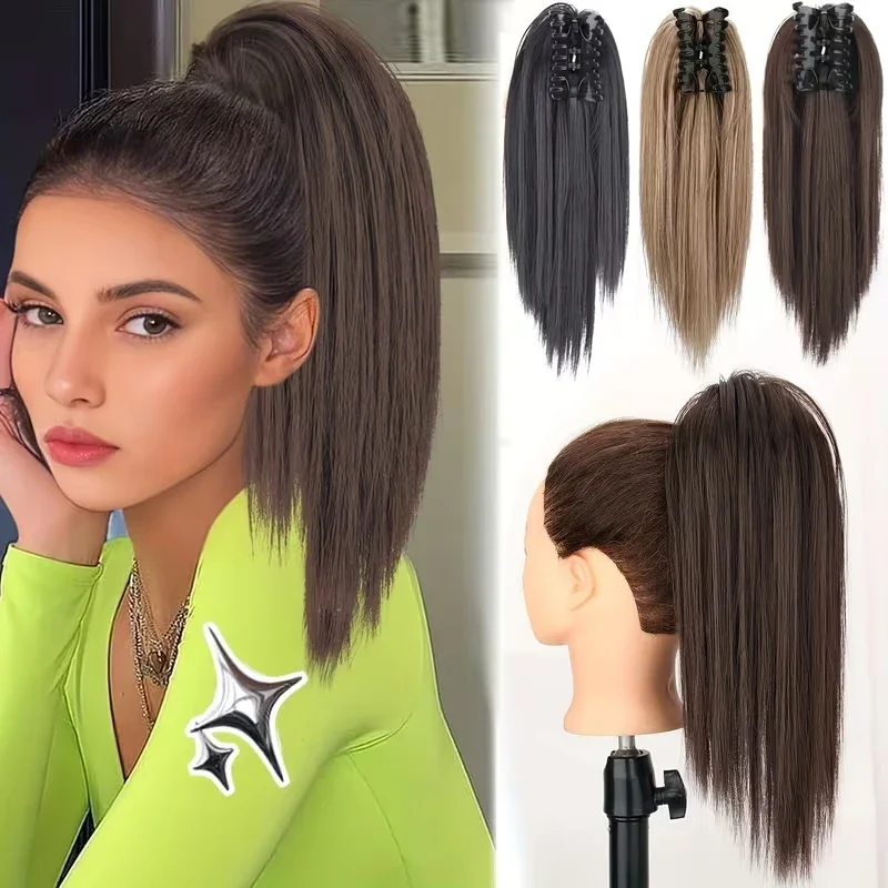 

14Inch Synthetic Short Straight Hair Extension Claw Clip-in Heat Resistant Type Ponytail Hairpiece for Women Everyday Use