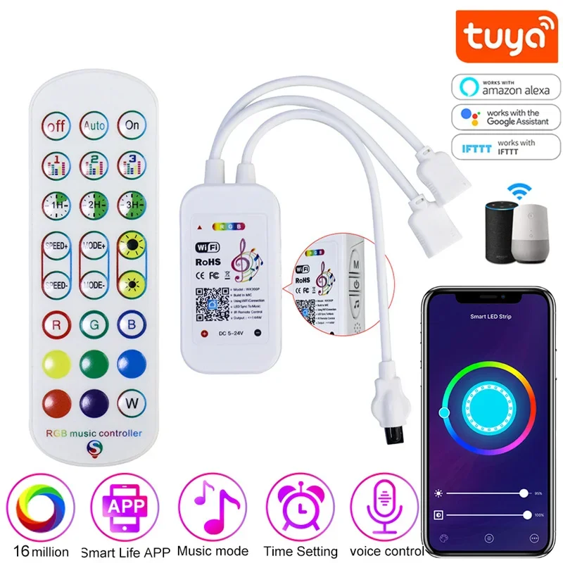 Tuya Smart Controller for Led RGB Strip Light Tape With Remote DC12V-24VWIFI  Smart Life Control Dimmer Work with Alexa Google