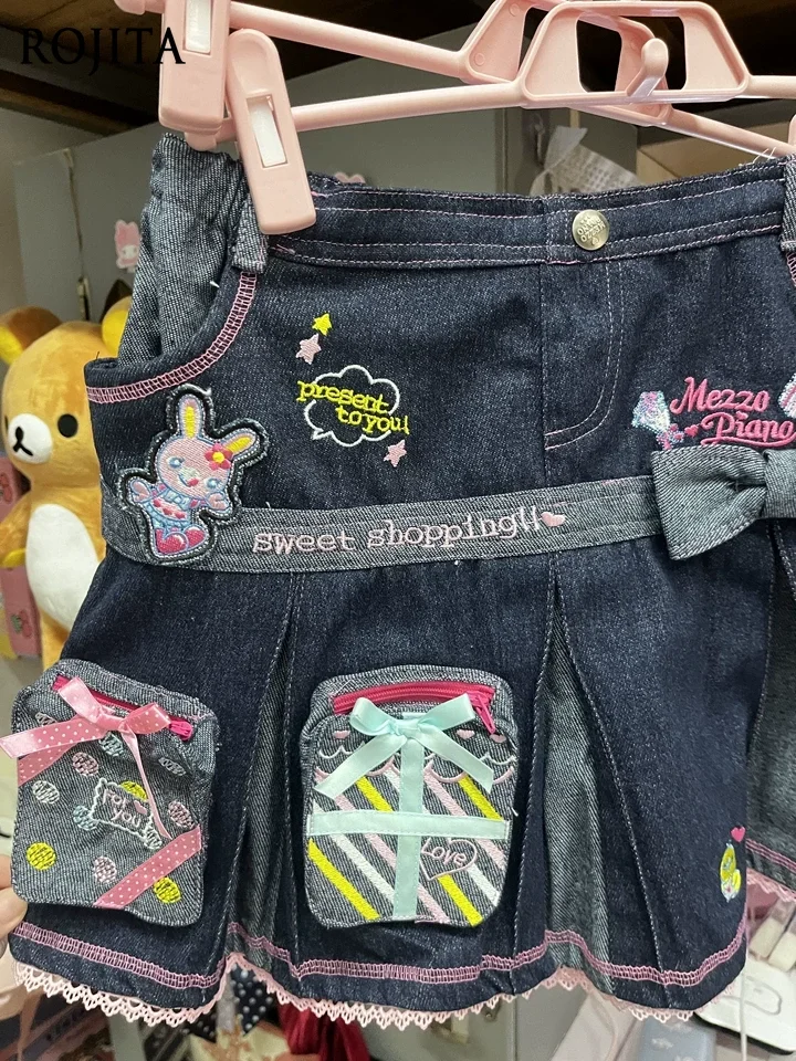 Sweet Lolita Denim Mini Skirt Sweet Girl Summer Cartoon Embroidered Cute Vintage Japanese Style Daughter's Outfit Y2k Skirts