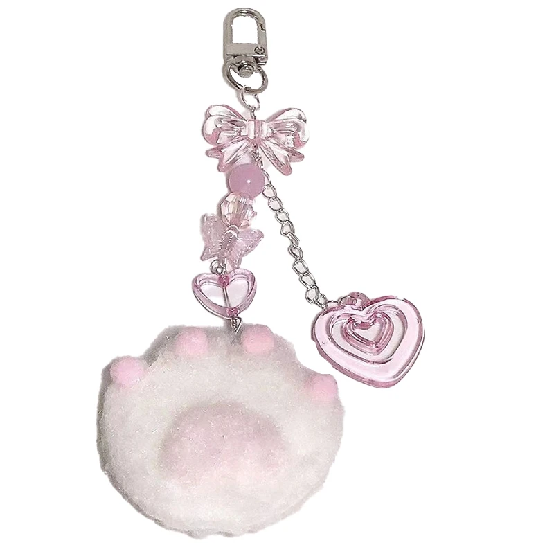 Pink Plush Cat Claws Keychain para meninas, porta-chaves, fone de ouvido, chaveiro coração, doce feminino, bonito, Y2K, pingente de saco, amor