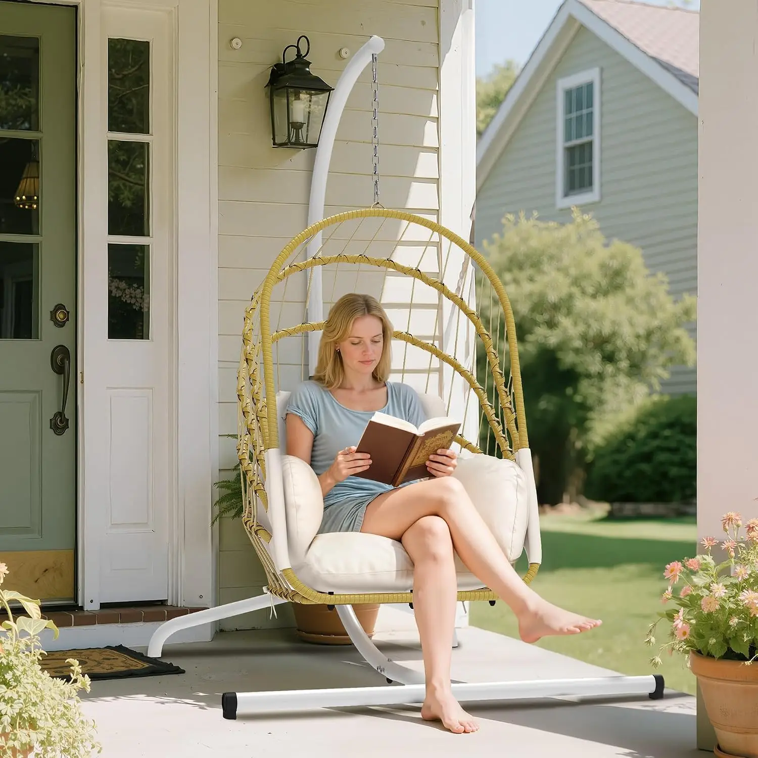 Foldable Egg Chair w/Stand & Cushion, Wicker Hanging Basket Seat, Indoor Outdoor Patio Garden Balcony, Customized
