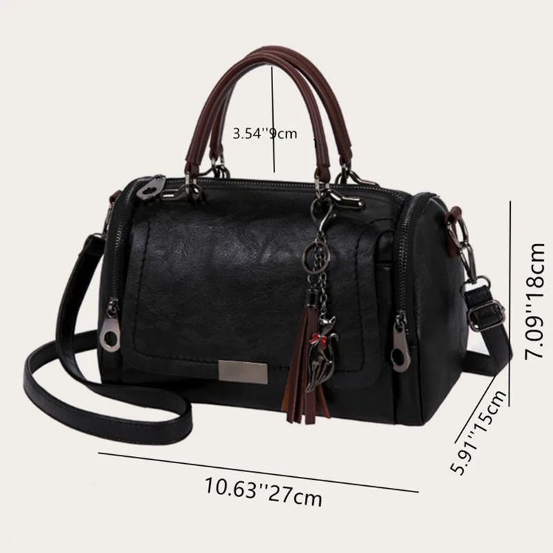 Tassel Decor Women\'s Large Capacity Shoulder Bag Fashion Zipper Crossbody Bag With Removable Strap Boston Handbag