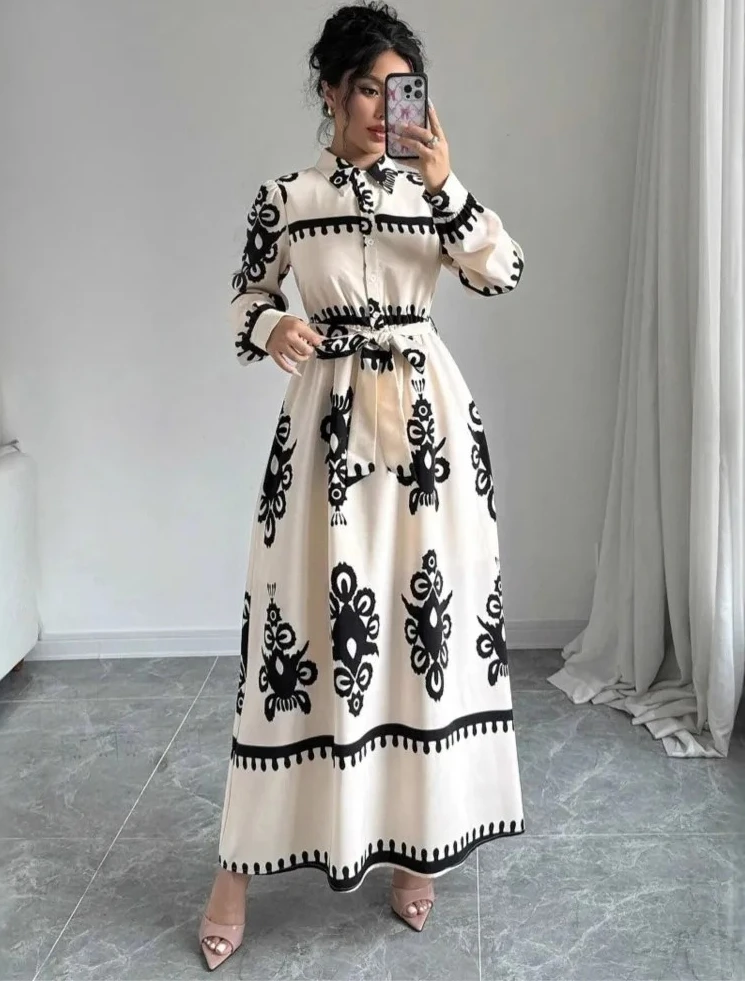 

Autumn Winter Long Sleeve Printed Belted Shirt Dress New Elegant Ankle-Length Women's Fashion Casual Wear