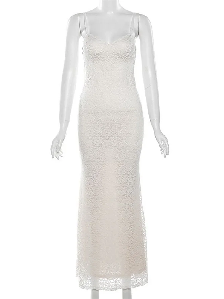 Tossy Lace Hollow Out Backless Maxi Dress Slim V-Neck See-Through High Street Summer Elegant Party Dress Fashion Slim Dress 2023