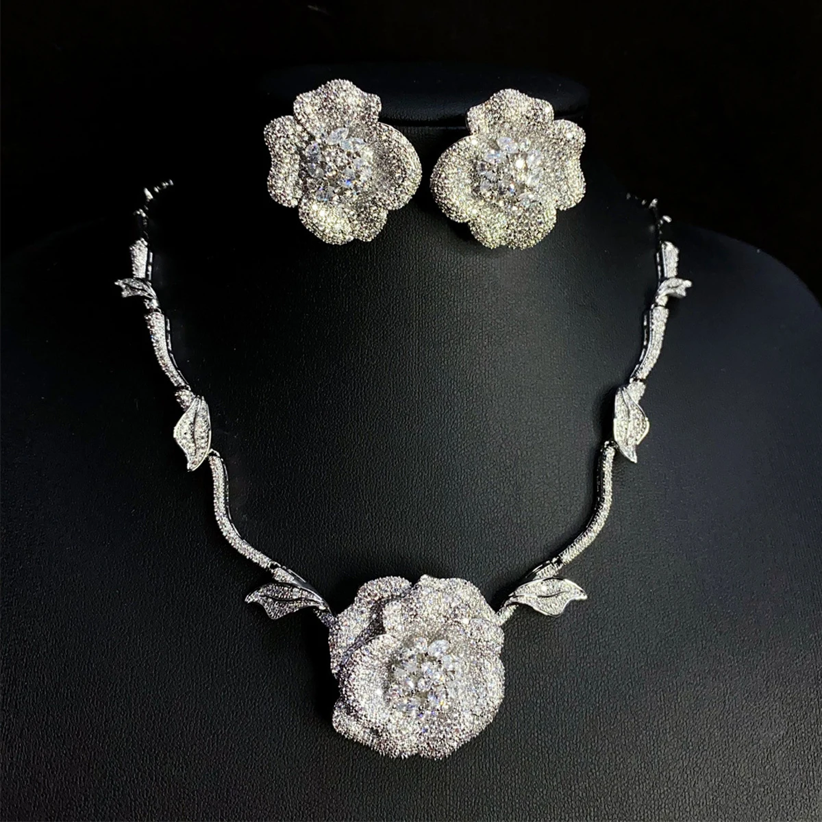 

luxury jewelry sets large flower necklace earrings zirconia silver gold color wedding bride jewelry set anniversary dinner party