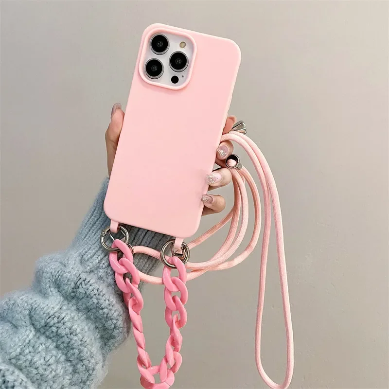 Candy colored crossbody strap phone case suitable for iPhone 15 14 13 12 11 Pro Max Plus necklace with soft silicone back cover