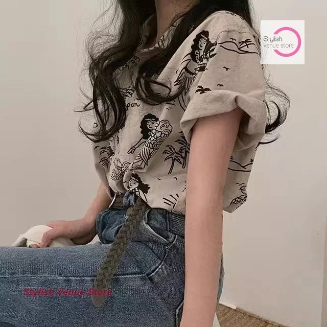 

French retro graffiti cartoon short-sleeved shirt women's summer fashion loose design sense niche casual versatile chic top