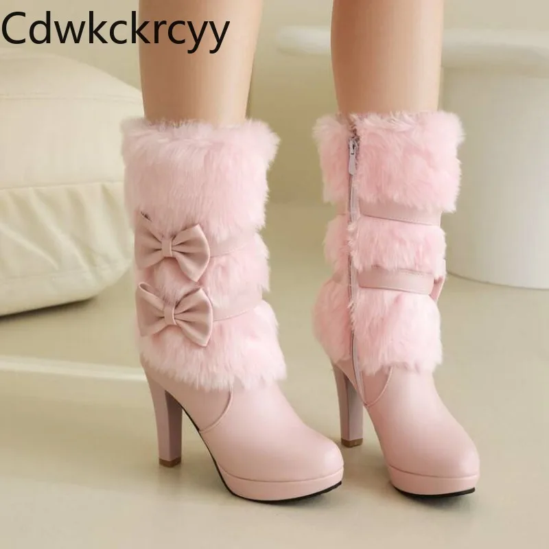 Herbst- und Winterkollektion: Modische High Heels, halbhohe Stiefel mit runder Spitze, rosa, süßes Schleifenmodell, Damenstiefel, 10 cm hoch.