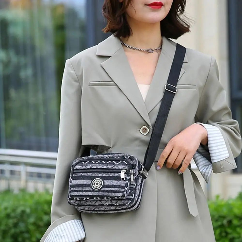 Women Multi Layered Stripe Print Shoulder Bag Casual Classic Vintage Tote Bag Girls Nylon Single Shoulder Backpack