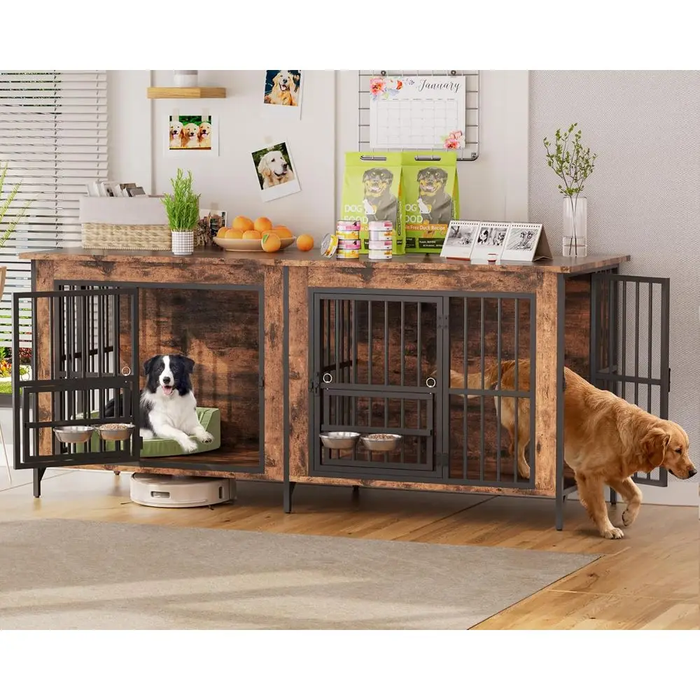 

Dog Crate Furniture for 2 Dogs, Large Dog Kennel with 360° Rotating Feeder Bowls, Indoor Double Dogs Crates with 4 Doors, Wooden