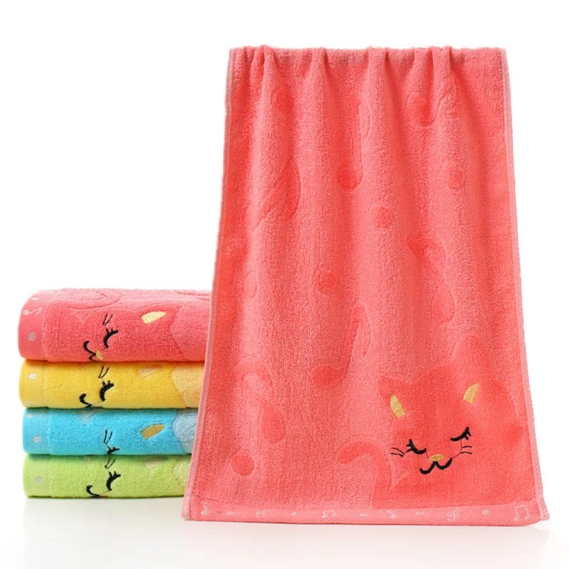 Kids Adult Bath Towel Cartoon Cat Embroidered 25*50cm Bamboo Fiber Towel Blanket Colorful Soft Small Children Bath Towels Yellow