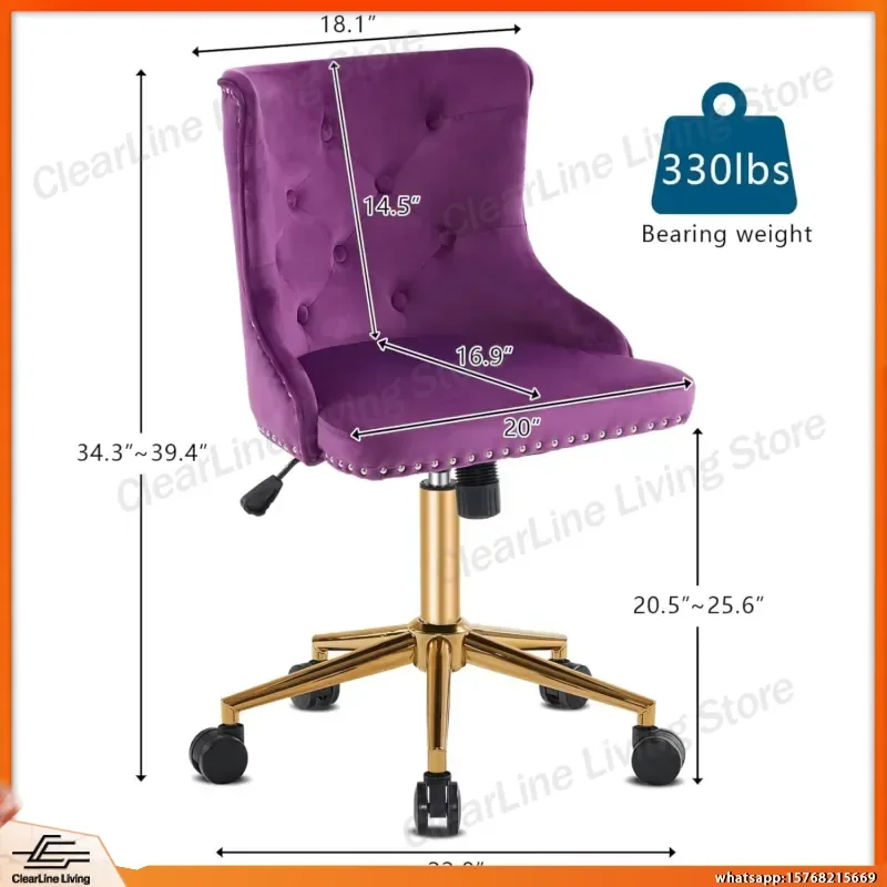 Dark Purple Armless Office Chair with Gold Base and Casters Ergonomic Desk Chair for Home Office Bedroom Vanity Makeup Chair