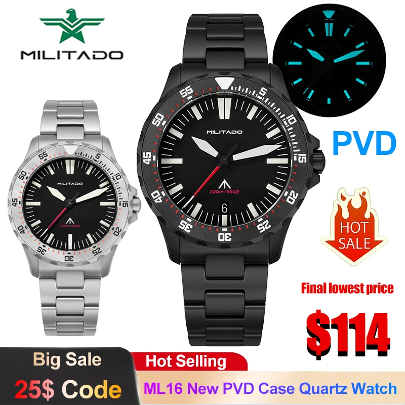 Militado ML16 New PVD Quartz Watch VH31 Sweep/Swiss Ronda 515 Movement Vintage Watch Sapphire Crystal 200m Waterproof Dive Watch