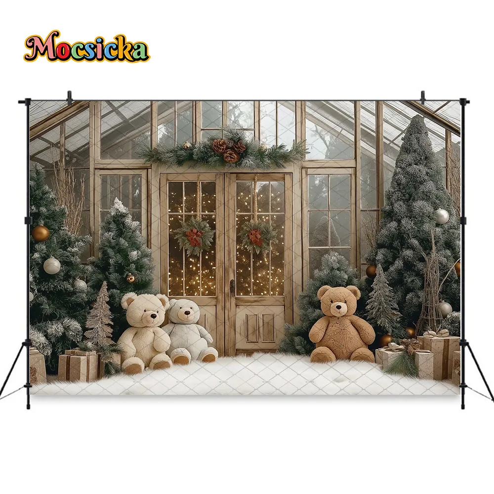 Mocsicka noël serre fond photographie arbre de noël cadeau ours porte en bois toile de fond hiver enfant bébé Photozone Studio