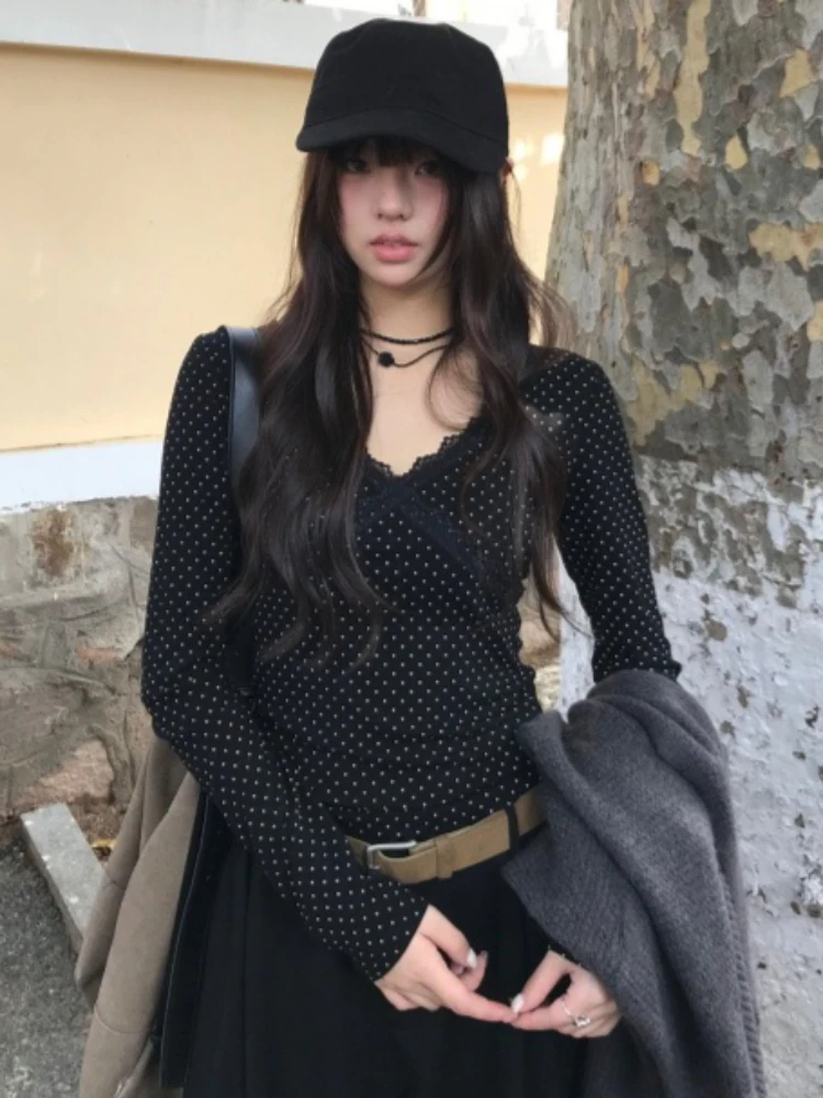 Y2k Aesthetic Polka Dot Vintage T-shirt 2026 Spring Streetwear Lace Patchwork Tshirts Harajuku Slim Fit Fairy Grunge Tees
