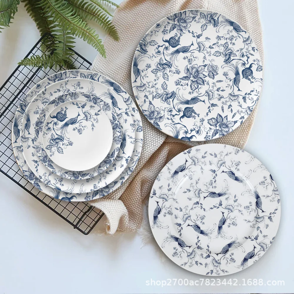 Juego de Platos de Porcelana China, Estilo Chino, con Diseño de Flores, Pájaros y Pavos Reales, para Postre, Carne, Pan, Pastel,