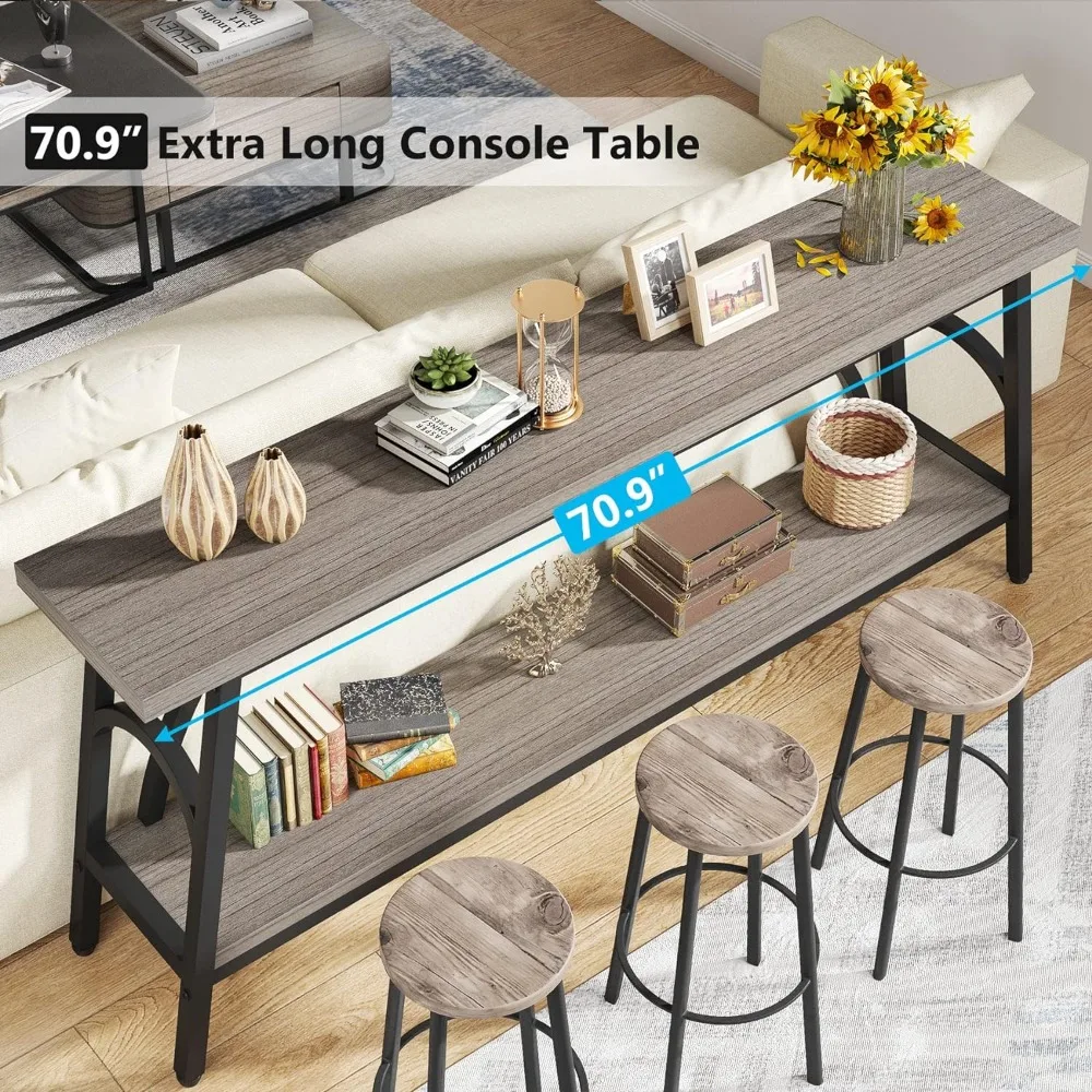 Mesas de console extra longas para entrada, TV Stand com moldura de aço preto, sala de estar, sofá, 2 níveis,