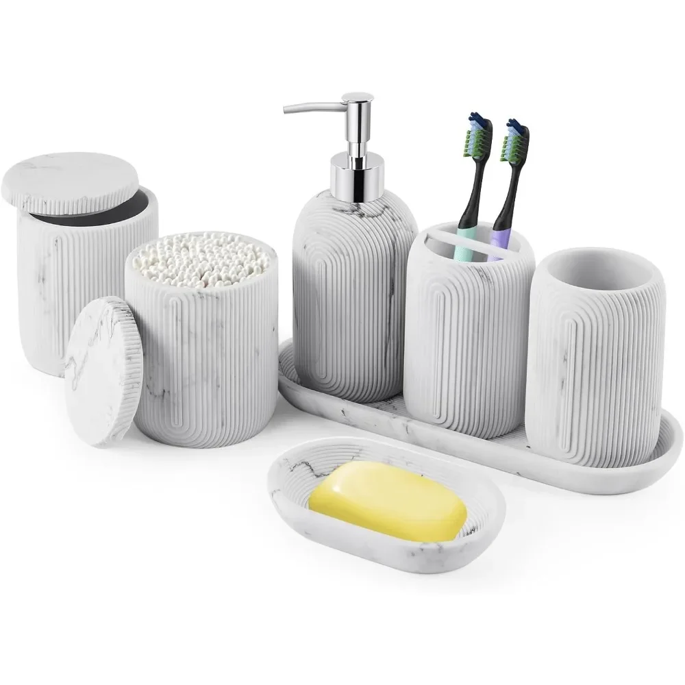 

Bathroom Accessories Set - 7-Piece Resin Bathroom Set, Toothbrush Holders Set, Soap Dispenser, Qtip Holder Dispenser, Tumbler,