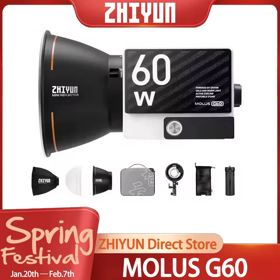 

ZHIYUN MOLUS G60 60W COB Pocket LED Video Shotting Photo Photography Lighting Tiny Live Light DC/PD Power Supply Live Streaming