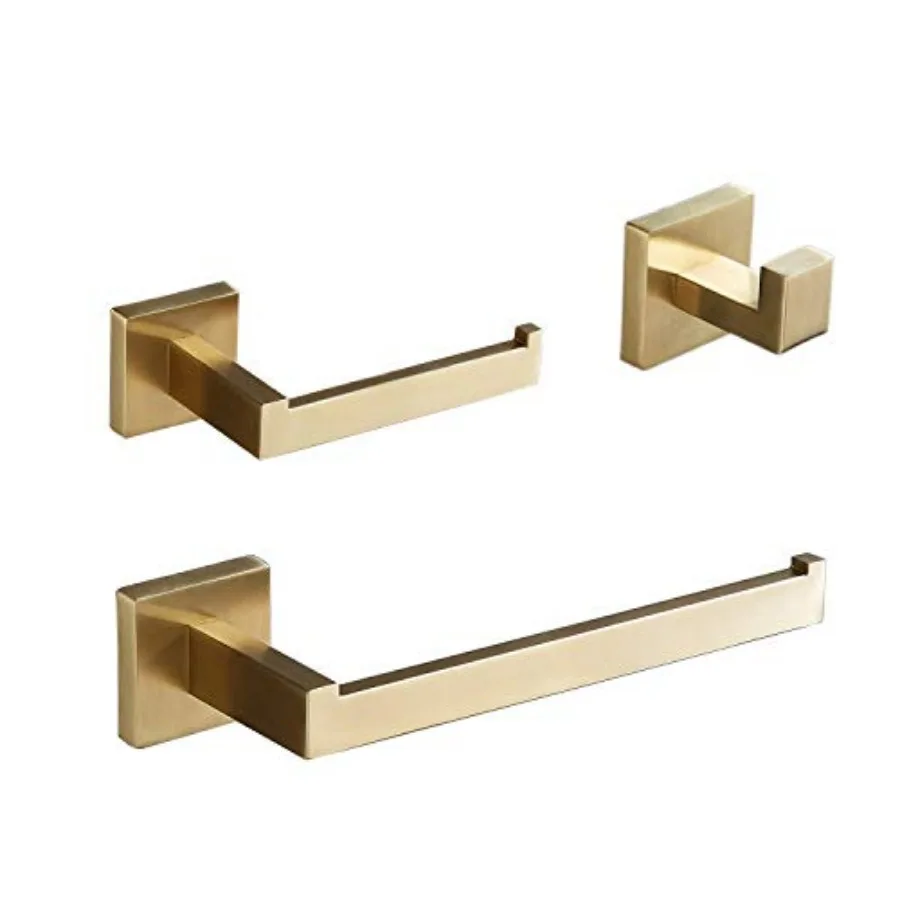 

Gold Bathroom Accessories Set: 3-Piece Hardware Set - Wall Mounted Toilet Paper Holder, Hand Towel Ring/Bar, Towel/Robe Hook, B