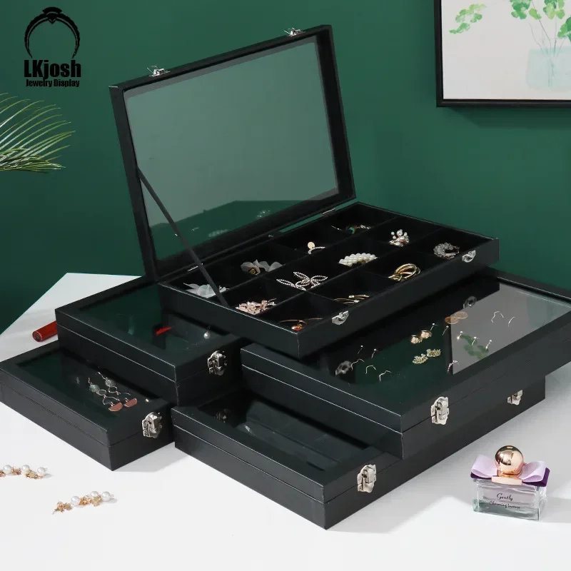 

New Single Layer Lock Black Wood Leather Jewelry Box Ear Studs Earrings Jewelry Box Storage Box Large Jewelry Box