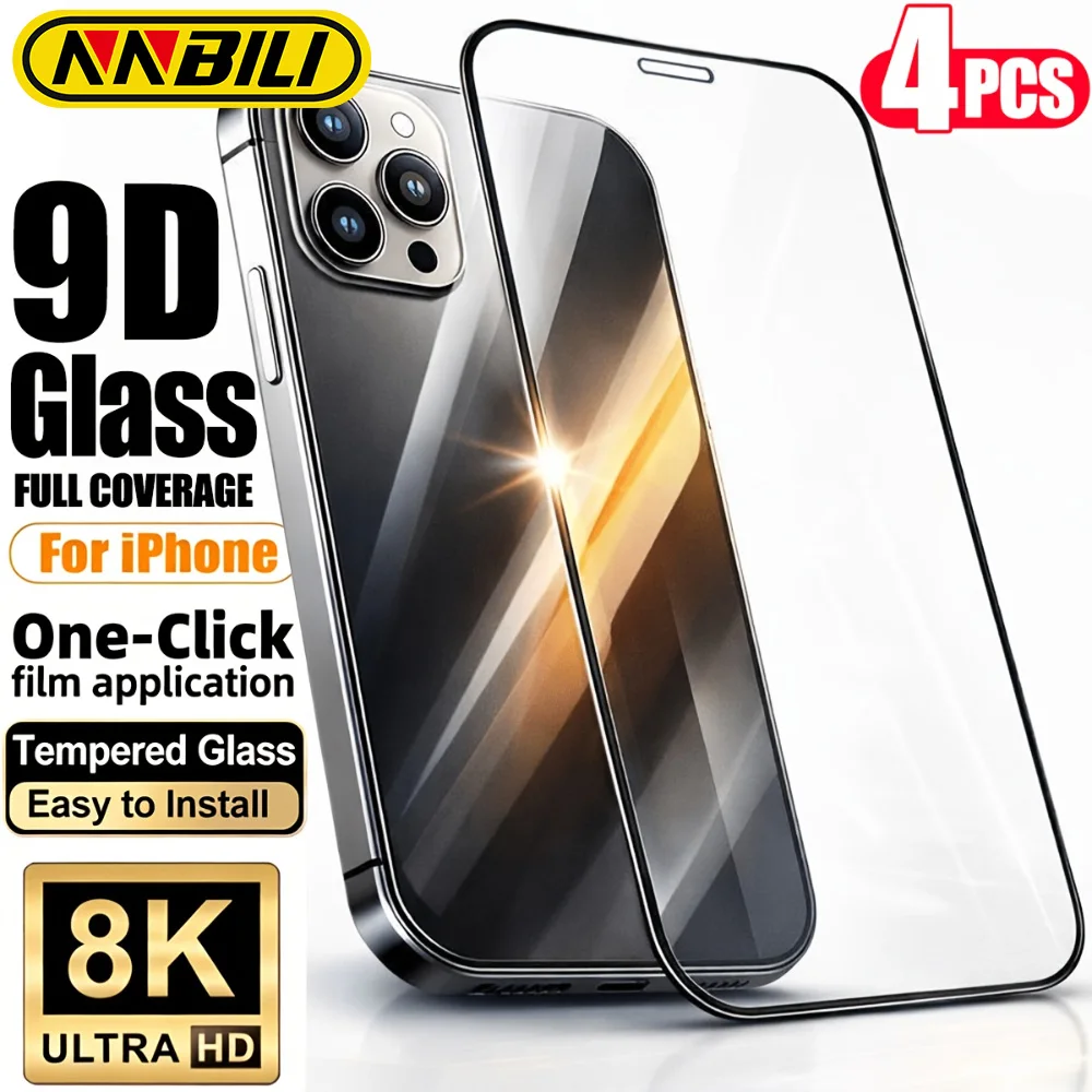

NNBILI 4-Pack Full Coverage Phone Screen Protector Tempered Glass, 99.99% HD Clear, For iPhone 17 16 15 14 13 12 11 Pro Max 17e