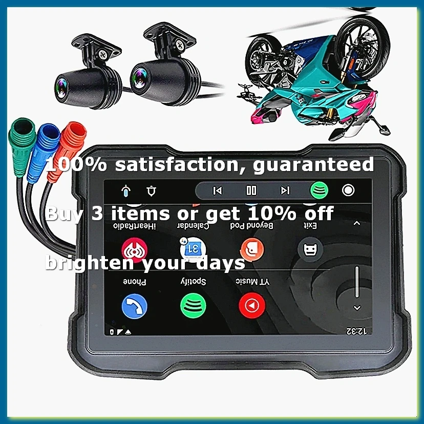 ●Motorcycle DVR Dash Cam Portable 5 Inch Wireless CarPlay Android Auto Screen GPS Navigation Waterproof Monitor