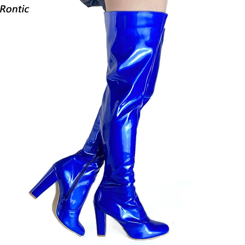 

Rontic New Arrival Women Winter Thigh Boots Unisex Patent Chunky Heels Round Toe Gorgeous Blue Cosplay Shoes Ladies US Size 5-20