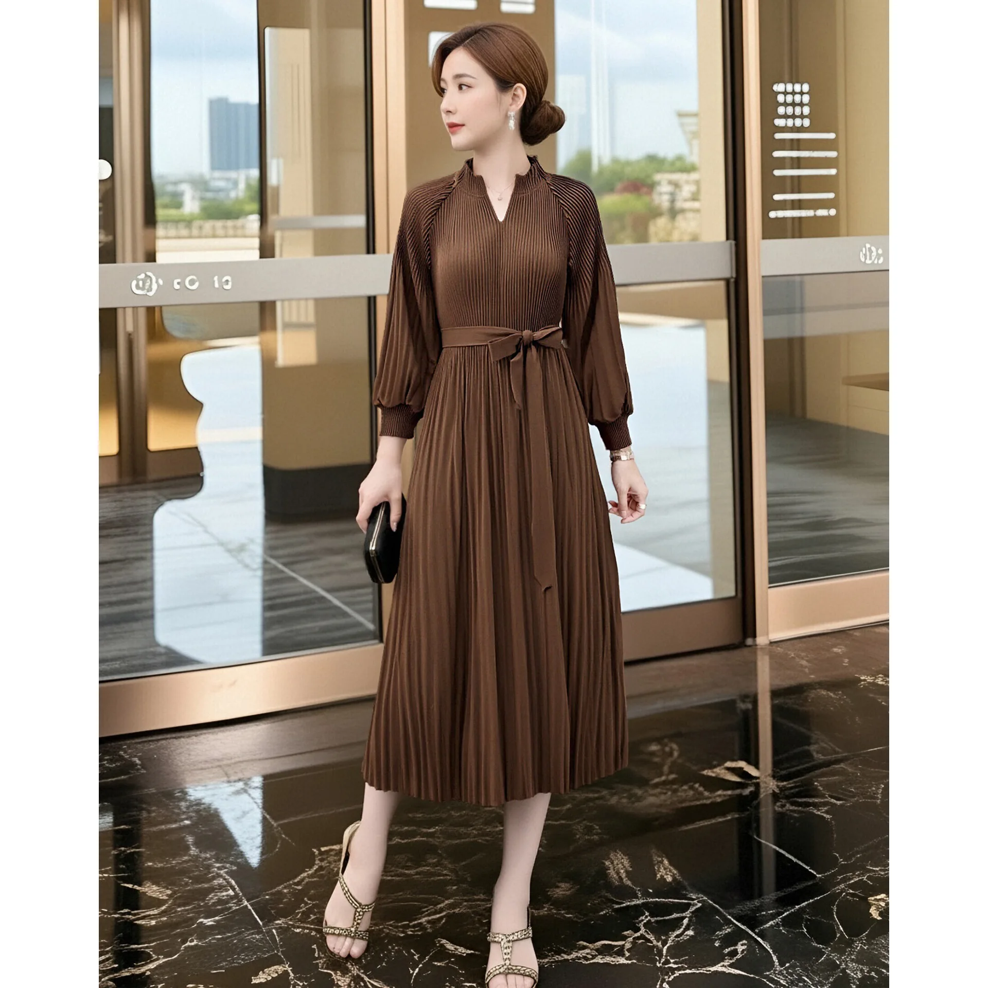 

Miyake Pleated 2026 Fall and Spring Elegant Temperament Dress Female New High-end Fashion Waist Dark Green Medium-length Skirt