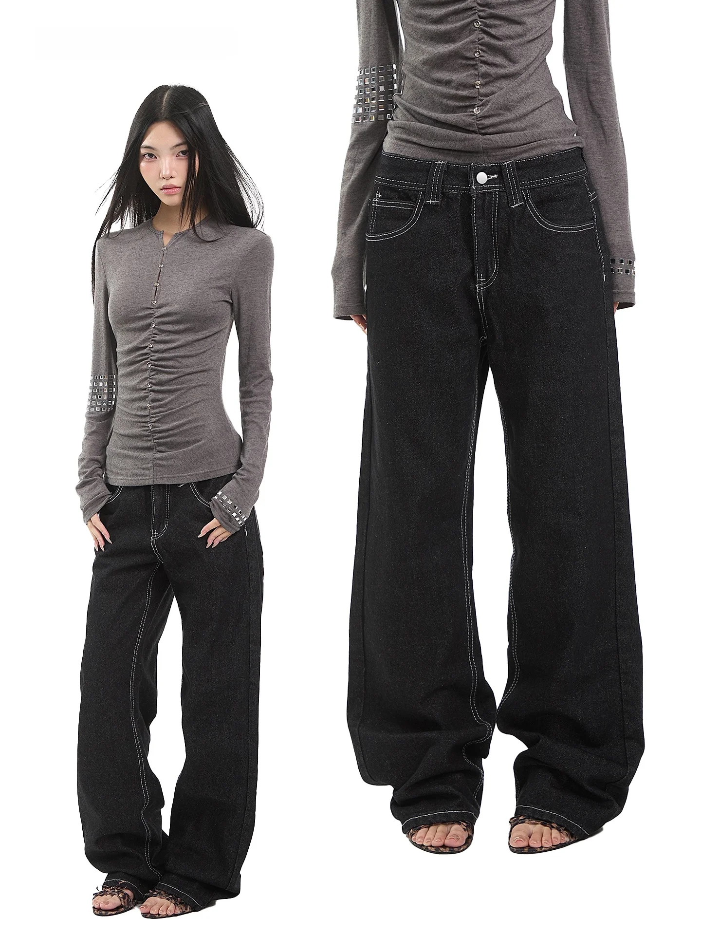 

Black High Waist Straight Leg Wide Leg Jeans Women's Early Spring Sexy Slimming American Retro Denim Pants Hot Girl Style